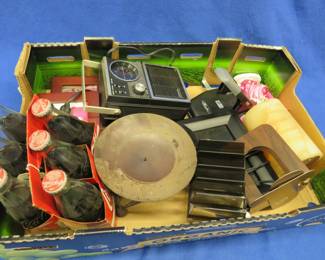 Lot 169. Old glass bottles of Coke, an old radio, office supplies, and more