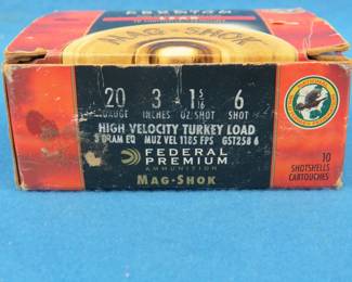Lot 63. Federal Premium 20 gauge.&nbsp; 3" {#}6 shot.&nbsp; Nine rounds.