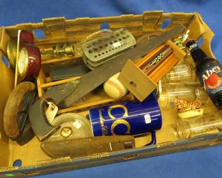 Lot 75. Vintage leather Scout knife sheath, brass candle stick holder, sad irons, and more