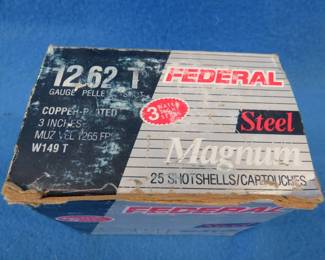 Lot 279. Federal 12 gauge steel.&nbsp; 3" T shot.&nbsp; Full box of 25 rounds.