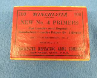 Lot 179. 1920s era Winchester New No. 4 primers.&nbsp; Unopened box of 100.
