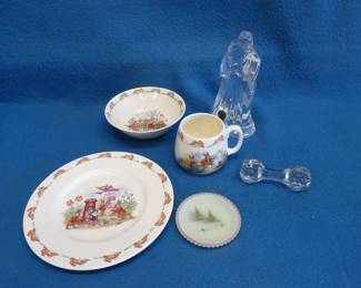 Lot 229. Beatrice Potter dishes, Crystal bride and groom, Crystal knife rest