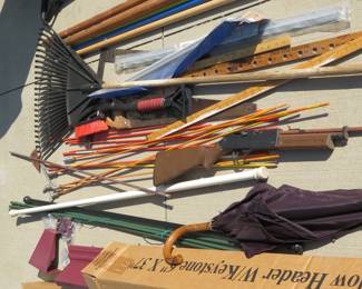 Lot 338. Long-handled tools and 2 NIB window headers, 760 Pumpmaster BB/pellet gun.&nbsp; Works with a rusty barrel.