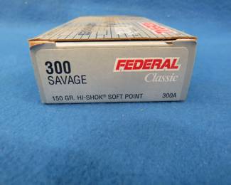 Lot 140. Federal Classic 300 Savage.&nbsp; 150-grain soft point.&nbsp; Full box of 20 rounds.