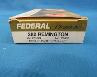 Lot 144. Federal Premium 280 Remington.&nbsp; 150-grain Nosler partition bullet.&nbsp; Full box of 20 rounds.