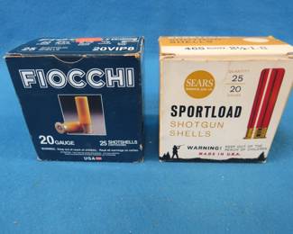 Lot 426. Fiocchi 20 gauge 2 3/4" {#}8 shot.&nbsp; 25 rounds.&nbsp; Mixed box of 20-gauge shells in a vintage Sears box.&nbsp; 16 rounds