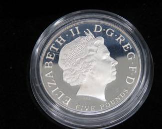Lot 44. 2008 UK Commemorative Queen Elizabeth silver 5 pound coin.  .84 troy ounce of sterling silver.