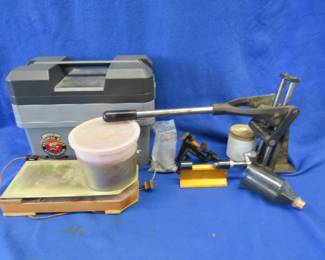 Lot 416. Bonanza reloading press, Craftsman range box with contents, case trimmer, Vibra Tek brass cleaner, and more