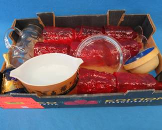 Lot 440. Red glassware, covered Pyrex dish, and more