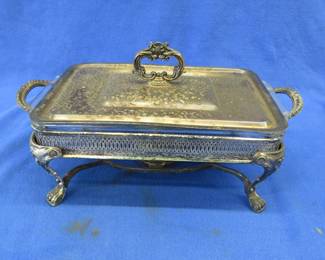 Lot 200. Silverplate serving tray with two warmers and a glass dish