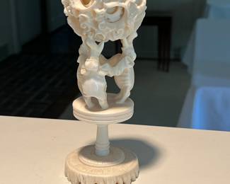 Carved ivory or Chinese bone (?) “Wonder Ball” sculpture. Three balls inside one another being held up by elephants… amazing!