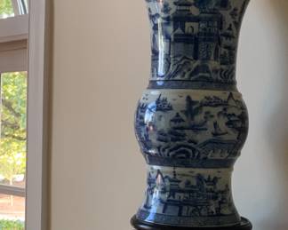 Pair of tall Canton style blue and white vases