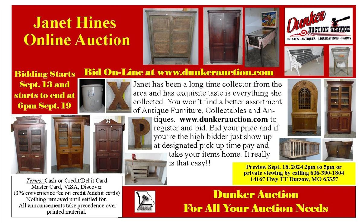 Hines Estate Online Auction in Marthasville, MO starts on 9/14/2024