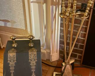 Coal Shuttle & Brass Fireplace Tools