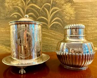 Antique English Biscuit Barrel & Tiffany & Co. Tea Caddy