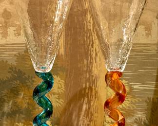 (2) Signed Art Glass Champagne Flutes