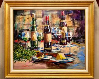 "Still Life with Wine Labels" Oil on Canvas, Signed Kerry Hallam