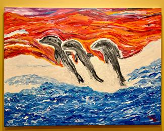 "Dolphins" Oil on Canvas, Signed Morey