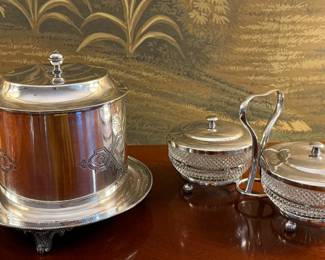 Antique Biscuit Barrel & Condiment Tray