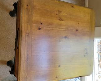 PINE COFFEE TABLE $65 AND MATCHING END TABLE $35 WITH METAL TIE ACCENTS