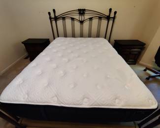 STERNS AND FOSTER "ESTATE" QUEEN MATTRESS AND BOX SPRING $200....ORNATE METAL QUEEN BEDFRAME HEAD/FOOTBOARD $75