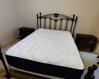 STERNS AND FOSTER "ESTATE" QUEEN MATTRESS AND BOX SPRING $200....ORNATE METAL QUEEN BEDFRAME HEAD/FOOTBOARD $75