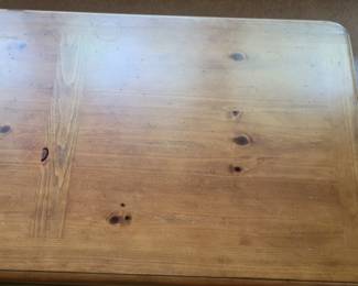 PINE COFFEE TABLE $65 AND MATCHING END TABLE $35 WITH METAL TIE ACCENTS