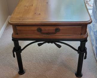 PINE COFFEE TABLE $65 AND MATCHING END TABLE $35 WITH METAL TIE ACCENTS
