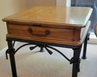 PINE COFFEE TABLE $65 AND MATCHING END TABLE $35 WITH METAL TIE ACCENTS