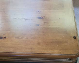 PINE COFFEE TABLE $65 AND MATCHING END TABLE $35 WITH METAL TIE ACCENTS