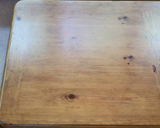 PINE COFFEE TABLE $65 AND MATCHING END TABLE $35 WITH METAL TIE ACCENTS