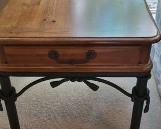 PINE COFFEE TABLE $65 AND MATCHING END TABLE $35 WITH METAL TIE ACCENTS