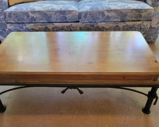 PINE COFFEE TABLE $65 AND MATCHING END TABLE $35 WITH METAL TIE ACCENTS