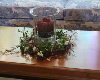 PINE COFFEE TABLE $65 AND MATCHING END TABLE $35 WITH METAL TIE ACCENTS