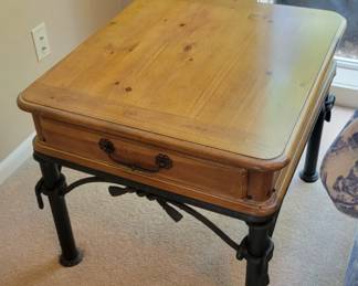 PINE COFFEE TABLE $65 AND MATCHING END TABLE $35 WITH METAL TIE ACCENTS