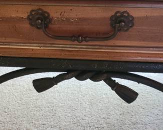 PINE COFFEE TABLE $65 AND MATCHING END TABLE $35 WITH METAL TIE ACCENTS