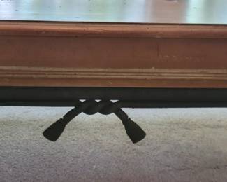 PINE COFFEE TABLE $65 AND MATCHING END TABLE $35 WITH METAL TIE ACCENTS