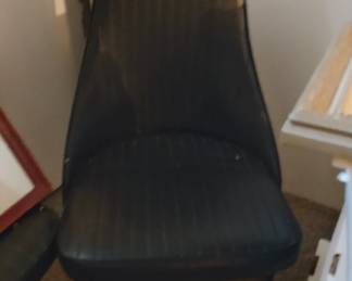 Four high top black swivel chairs retro with brown formica table