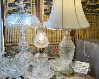 Waterford Cahill Lamp, Waterford Wedding Punchbowl on Pedestal, Waterford Comeragh Pedestal Cake stand, Waterford Inishturk Electric Hurricane Lamp,  Waterford Crystal Table Lamp 