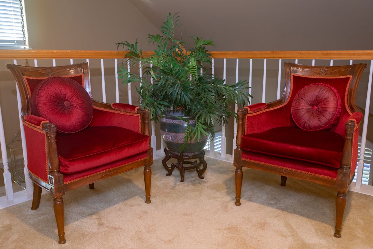 Pair Red Velvet Like Antique French Empire Regency Style Bergere Armchairs