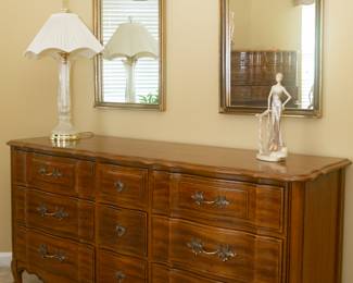 4-Piece Thomasville Bedroom Set — Full Bed, Chest of Drawers, Nightstand, and Dresser. Mirrors are made by J. A. Olston, Mississippi