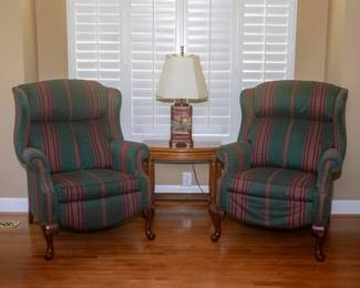 Pair of Striped Wingback Recliner Chairs