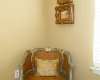 Antique Style French Louis XV Style Distressed Green Gold Gilt Cane Bergere Chair