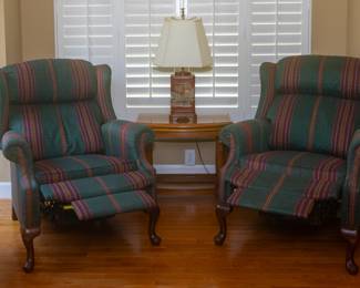 Pair of Striped Wingback Recliner Chairs