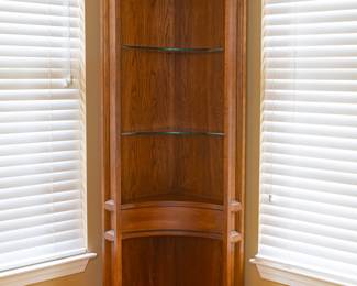 Pair of curved side display sections with glass shelves from the Entertainment Center can be used stand alone or as corner pieces that measure 16 3/4” from each side to the back corner.