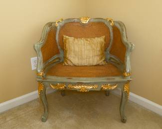 Antique Style French Louis XV Style Distressed Green Gold Gilt Cane Bergere Chair