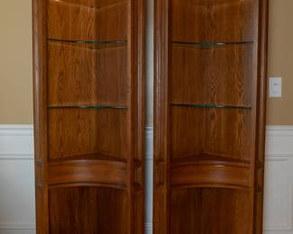 Pair of curved side display sections with glass shelves from the Entertainment Center can be used stand alone or as corner pieces that measure 16 3/4” from each side to the back corner.