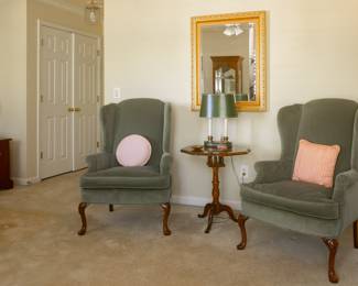 Pair Queen Anne Chairs in Corduroy Blue (Green)