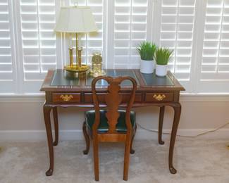 Vintage Mahogany Writing Desk With Green Leather Inlay & Chair with Green Leather Seat
