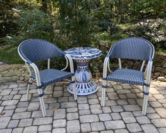 Frontgate Bistro Navy Blue Outdoor Table Set w/ Umbrella Table Accent, Handpainted, French / Italian Style, French Provincial